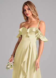 Azazie Lyra Robes de demoiselle d'honneur Robe Trapèze Convertible en Satin extensible Épaule décolletée Sorbet Citron image7