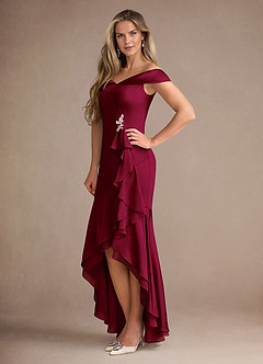 Azazie Billings Mother of the Bride Dresses Burgundy Mermaid Off the Shoulder Stretch Satin Dress image2