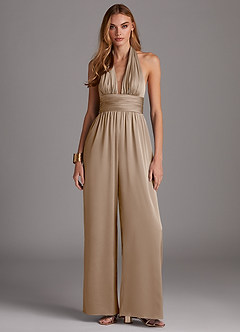 Azazie Oli Robes de demoiselle d'honneur Combinaison en Satin extensible Plissée Taupe image3