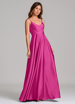 Azazie Amani Robes de demoiselle d'honneur Robe Trapèze en Satin extensible Plissée Fuchsia image1