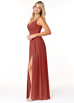 Azazie Rayna Final Sale Terracotta A-Line V-Neck Pleated Chiffon Dress image3