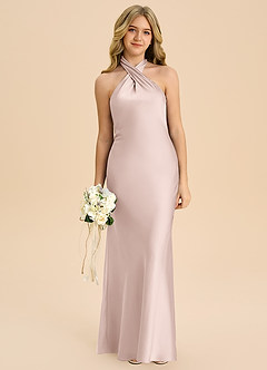 Azazie Chickie Junior 쉬스 주름진 스트레치 새틴 플로어 길이 주니어 신부 들러리 드레스 image3