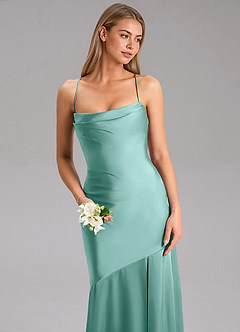 Azazie Grata Bridesmaid Dresses Aqua Sheath Side Slit Stretch Satin Dress image6