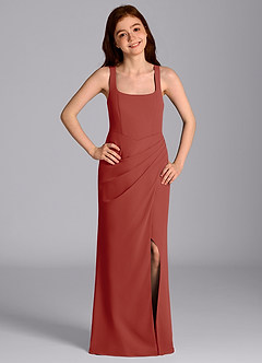 Azazie Mero Junior Vestido de Terracota de Gasa de Corte Sirena con Plisado image1