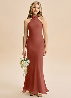 Azazie Velli Junior Meerjungfrau-Linie Hoher Kragen Chiffon Kleid Rotbraun image1