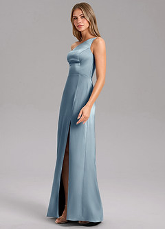 Azazie Feby Bridesmaid Dresses Dusty Blue A-Line One Shoulder Stretch Satin Dress image4