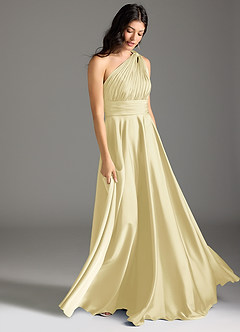 Azazie Charlize Bridesmaid Dresses Lemon Sorbet A-Line One Shoulder Stretch Satin Dress image3