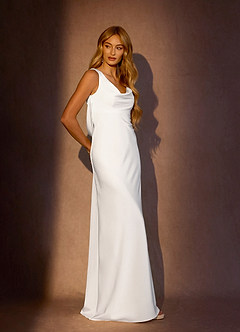 Azazie Juliette Wedding Dresses Diamond White Sheath Crepe Back Satin Dress image2