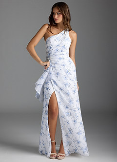 Azazie Maive Bridesmaid Dresses Blue Cottage Floral Sheath Pleated Ruffle Chiffon Dress image2