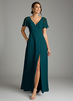 Azazie Kimber Bridesmaid Dresses Pine A-Line Flounce Sleeve Chiffon Dress image3