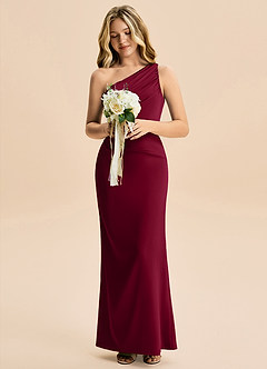 Azazie Akilah Junior Burgundy Sheath Pleated Stretch Satin Dress image4