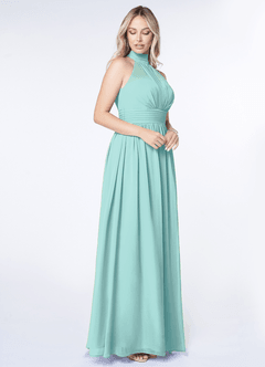 Azazie Iman Vestidos de damas de honor Vestido de Aqua de Gasa de Corte en A con Línea A fruncida image3
