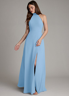 Azazie Myra Bridesmaid Dresses Powder Blue A-Line High Neck Chiffon Dress image4