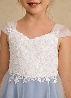 Azazie Momo Flower Girl Dresses Ivory Steel Blue A-Line Lace Dress image6