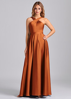 Azazie Dixie 신부 들러리 드레스 A라인 주름진 스트레치 새틴 바닥 길이 드레스 image1