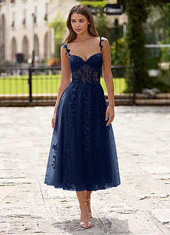 Zosia Navy Blue Lace A-line Lace Up Back Midi Dress image4