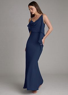 Azazie Yura Bridesmaid Dresses Dark Navy Mermaid Off the Shoulder Chiffon Dress image1