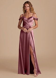 Azazie Ocean Bridesmaid Dresses Vintage Mauve A-Line Off the Shoulder Metallic Satin Dress image1