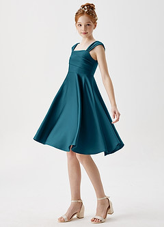 Azazie Amira Junior Ink Blue A-Line Pleated Stretch Satin Dress image4