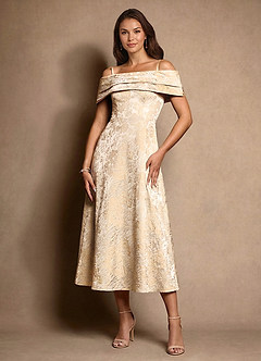 Azazie Brighton Mother of the Bride Dresses Vintage Champagne A-Line Pleated Jacquard Dress image2