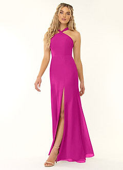 Azazie Rue Vestidos de damas de honor Vestido de Fucsia de Gasa de Corte en A con Halter image5