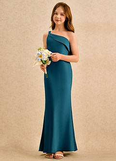 Azazie Almond Girls Formal Sukienki dla dziewczynek sypiących kwiaty Osłona Jedno ramię Satyna elastyczna Długość podłogi Sukienka image3