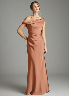 Azazie Emerson Bridesmaid Dresses Bronzer Mermaid Off the Shoulder Stretch Satin Dress image1