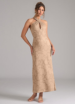 Azazie Marlissa Bridesmaid Dresses Champagne Sheath Pleated Floral Burnout Dress image5