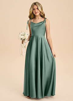 Azazie Popsy Junior Eucalyptus A-Line Bow Stretch Satin Dress image5