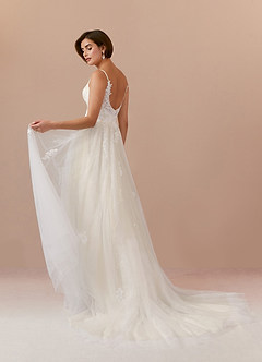 Azazie Jolene Wedding Dresses Diamond White Champagne A-Line Lace Tulle Dress image2