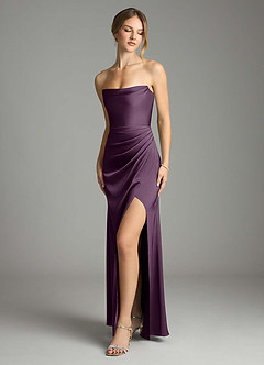 Azazie Leonis Bridesmaid Dresses Plum Mermaid Pleated Stretch Satin Convertible Dress image1