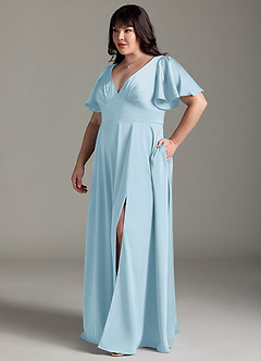 Azazie Kimber Robes de demoiselle d'honneur Robe Trapèze en Satin extensible Rayé Bleu Ciel image10