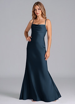 Azazie Seema Vestidos de damas de honor Vestido Azul Marino Oscuro de Satén Elástico de Corte Sirena con Corsé image5