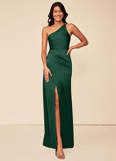 Azazie Maron Bridesmaid Dresses Dark Green A-Line One Shoulder Stretch Satin Dress image1