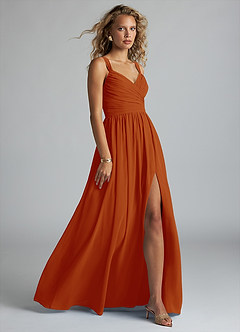 Azazie Aziza Bridesmaid Dresses Paprika A-Line V-Neck Pleated Chiffon Dress image3