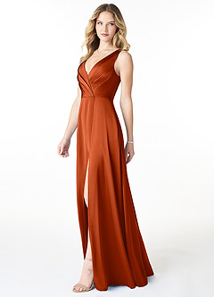 Azazie Nelly Robes de demoiselle d'honneur Robe Trapèze en Satin extensible Col en V Plissé Paprika image3
