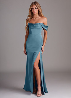 Azazie Saige Bridesmaid Dresses Bermuda Sheath Off the Shoulder Stretch Satin Dress image1