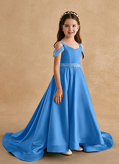 Azazie Jodi vestidos de niña de las flores Vestido de Azul Grisaceo de Satin Mate de Corte En A image3