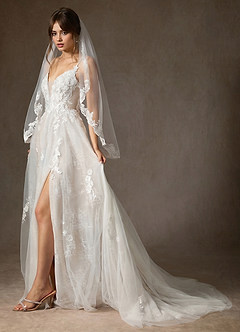 front Cora Eileen Lace Floral Applique Fingertip Veil