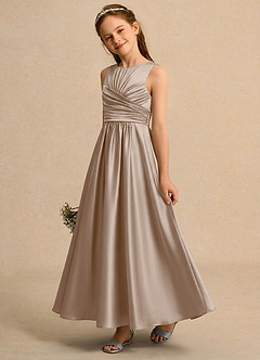 Azazie Ducky Girls Formal Flower Girl Dresses Taupe A-Line Pleated Stretch Satin Dress image3