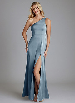 Azazie Phaedra Bridesmaid Dresses Dusty Blue A-Line One Shoulder Stretch Satin Dress image1