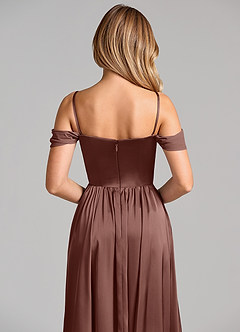 Azazie Raisa Bridesmaid Dresses Espresso A-Line Off the Shoulder Stretch Satin Dress image2
