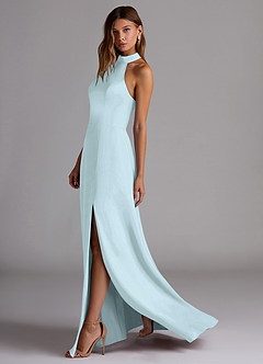 Azazie Myra Bridesmaid Dresses Sea Glass A-Line Side Slit Stretch Satin Dress image5