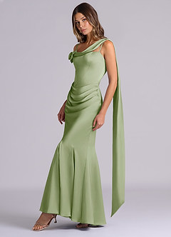 Azazie Inara Suknie dla druhen Syrena Pofałdowany Satyna elastyczna Do ziemi Sukienka image3