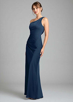 Azazie Madelyn Bridesmaid Dresses Dark Navy Mermaid One Shoulder Stretch Satin Convertible Dress image6