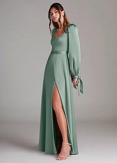 Azazie Leonia Jurken voor bruidsmeisjes Jurk van Stretch Satijn met A-Lijn Lange mouw Zilveren Salie image5