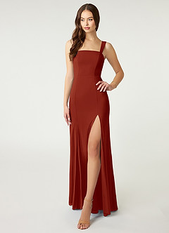 Azazie Alara Bridesmaid Dresses Rust Sheath Side Slit Stretch Chiffon Dress image1