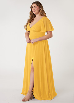 Azazie Kimber Bridesmaid Dresses Marigold A-Line Flounce Sleeve Chiffon Dress image7