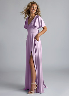 Azazie Kimber Bridesmaid Dresses Frosted Lilac A-Line Ruched Stretch Satin Dress image6