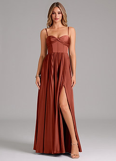 Azazie Akiko Bridesmaid Dresses Terracotta A-Line Sweetheart Neckline Stretch Satin Dress image1